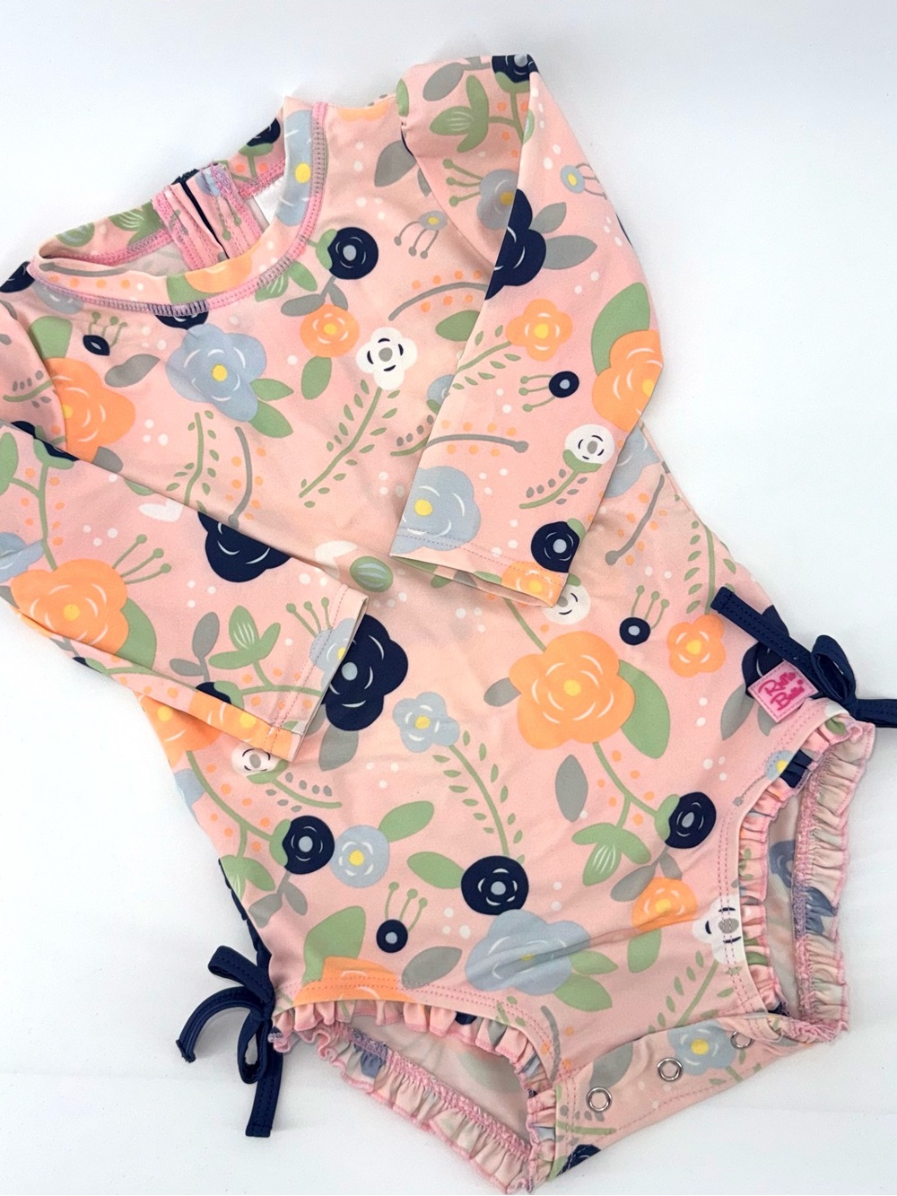 Ruffle Butts Floral Baby Girl Rash Guard Swimsuit - Pink, Navy, Peach